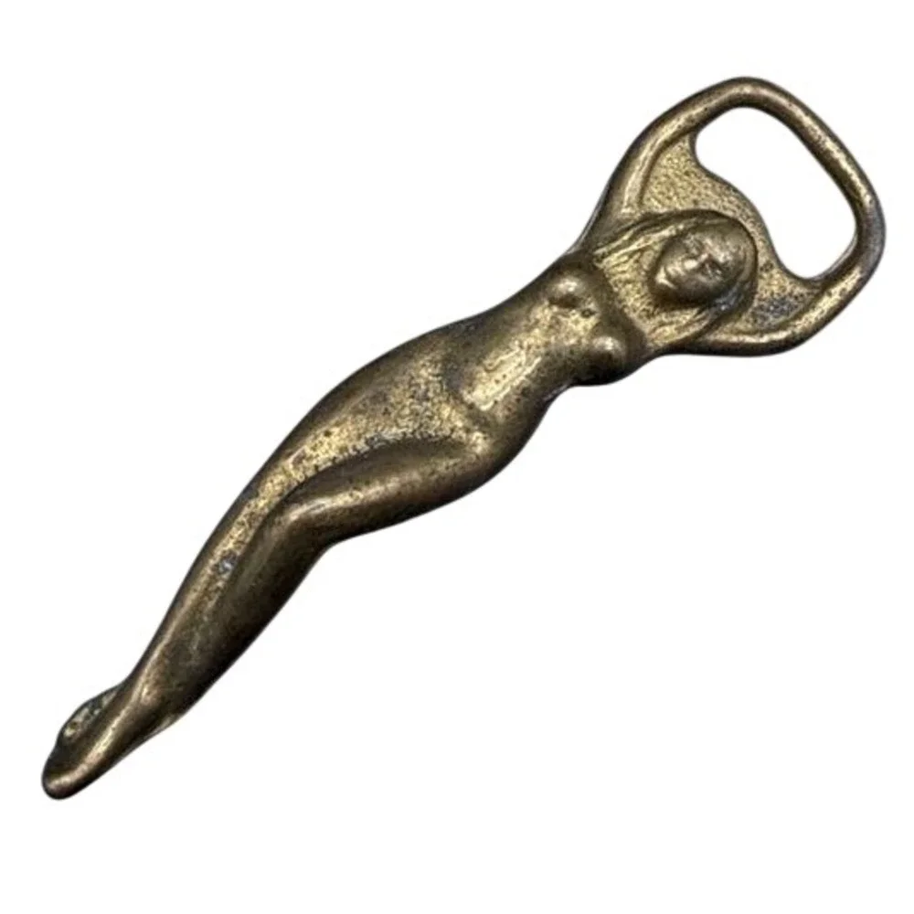 Vintage Brass Figural Lady Bottle Opener Nude‎ Siren Barware 4 Inch Antique Gold